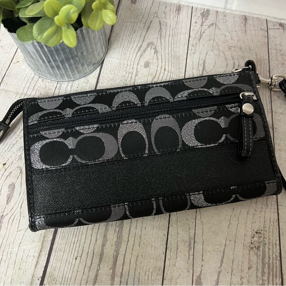 Coach Black Silver Signature Monogram Canvas Stripe Wristlet Wallet Metallic EUC - Picture 3 of 16